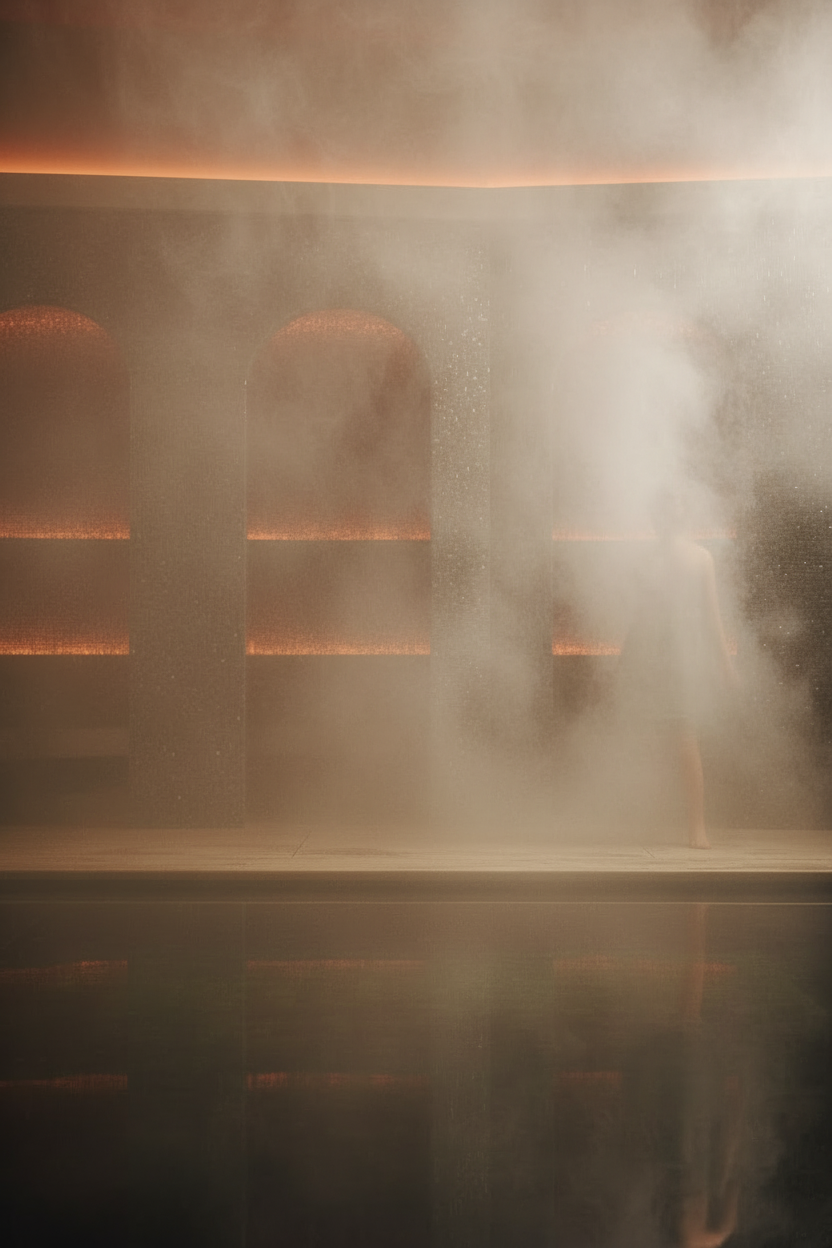 A misty indoor scene with warm amber lighting and blurred architectural details, partially obscured by heavy fog or steam.